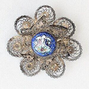 Antique 1900s Sterling Silver Filigree Brooch Hand-painted Enamel Edwardian Era